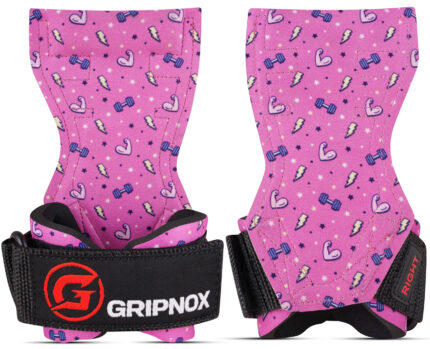 GripNox Lifting Grips – Pink Power Edition (Fun Gym Pattern with Wrist Support)
