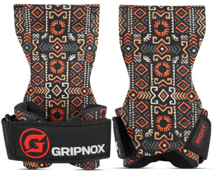 GripNox Lifting Grips – Tribal Geo Edition (Orange & Black Geometric Pattern with Wrist Support)