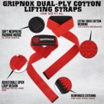 GRIPNOX Cotton Lifting Straps - Red - key features infographic