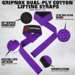 GRIPNOX Cotton Lifting Straps - Purple - key features infographic