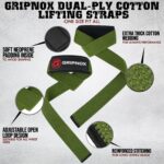 GRIPNOX Cotton Lifting Straps - Army Green - key features infographic
