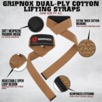GRIPNOX Cotton Lifting Straps - Brown - key features infographic