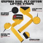 GRIPNOX Cotton Lifting Straps - Yellow - key features infographic