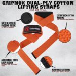GRIPNOX Cotton Lifting Straps - Orange - key features infographic