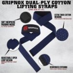 GRIPNOX Cotton Lifting Straps - Navy Blue - key features infographic