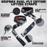 GRIPNOX Cotton Lifting Straps - Grey Camouflage - key features infographic